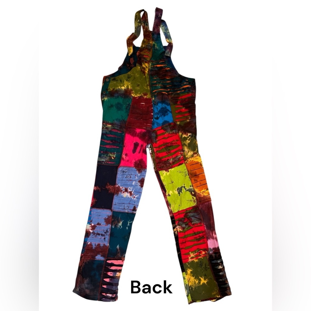 Kathmandu Imports Colorful Tie Dye Patchwork Unisex Cotton Knit Overalls NWT - Picture 3 of 8